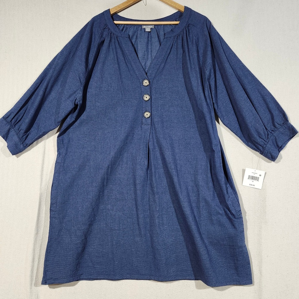 Falls Creek Womens 3X Navy Blue Woven 3/4 Sleeve V-Neck Pocket Tunic Dress NEW